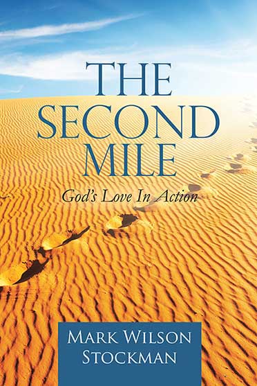 A book cover which shows a yellow sand dune stretching to the horizon and a single set of footprints, The footprints travel from the bottom left to the top right of the sand dune and seem to disappear into a bright ligtht on the horizon. The sky is blue with wispy white clouds.