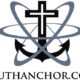 A black anchor sitting upright on a white background, the top of the anchor displaying a white cross inset within the two arms and shank. There are three gray atomic rings surrounding the anchor, and the name TRUTHANCHOR.COM is underneath the anchor.